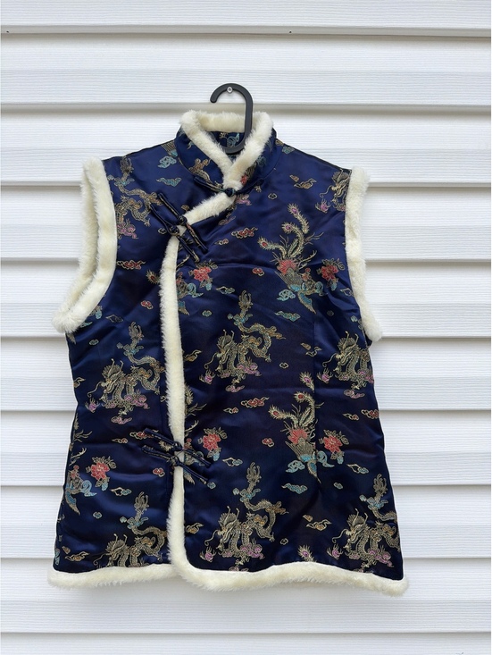 Jackets & Blazers - Plum Blossom Women's XL Navy Chinese Dragon Brocade Faux Fur Trim Vest